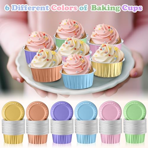 Gandeer 200 Pack Aluminum Foil Cupcake Liners with Lids, 5 oz Round Baking Cup, Disposable Ramekin Container for Graduation Wedding Independence Day Party(Macaron Color,Plain) by Gandeer - Used condition - Image 2