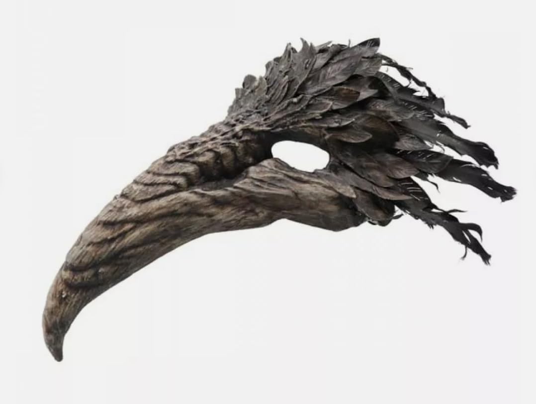 MIMIKRY Masque d'oiseau prédateur avec plumes marron Masque à bec pour Halloween Corbeau Oiseau Commedia dell'arte