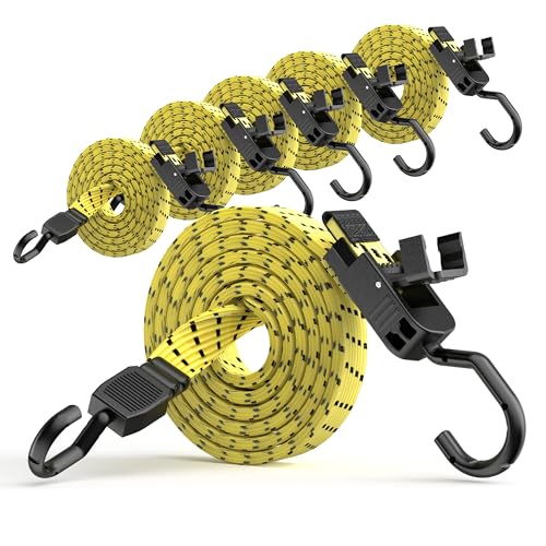 Image of Rugtol Bungee Cords with Hooks, 48 Inch Adjustable Flat Bungee Straps with Quick Release Buckle, Yellow Black Heavy Duty Elastic Cords with Metal Hooks for Bike Rack, Outdoor, Camping, Tarp, 6 Pack