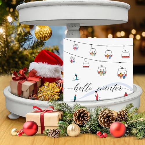 Image of Winter Ski Decor, Hello Winter Wood Box Sign, Farmhouse Christmas Snow Decoration for Home Office Table Shelf 5 X 5 Inches