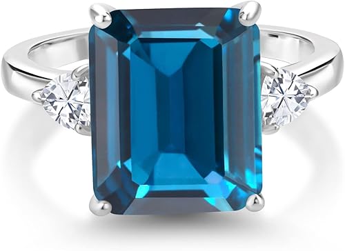 Miniatura 3 de Gem Stone King Anillo de plata de ley 925 con topacio azul Londres y moissanita blanca de 3 piedras para mujer