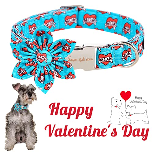 Unique style paws Dog Collar with Flower Tie Blue Heart Puppy Collar Comfy Soft Bowtie Dog Collar Best Gift for Small Medium Large Dogs-L - Image 3