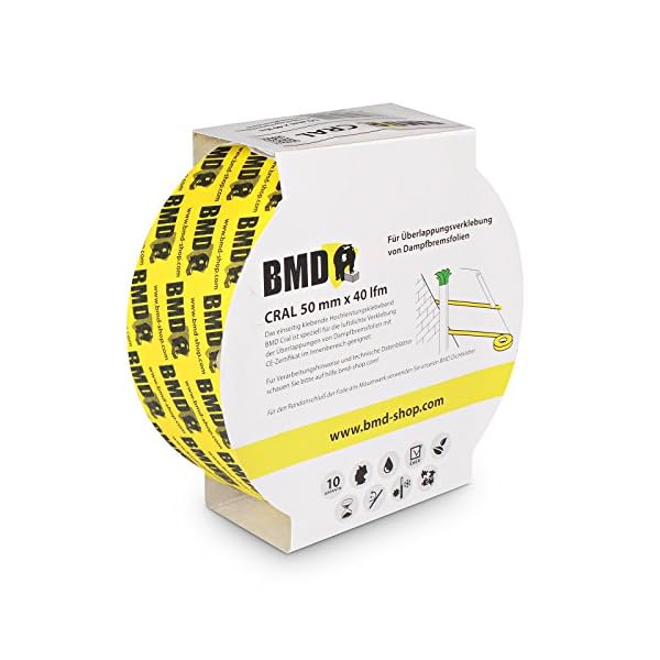 2x BMD - cral Hochleistungsklebeband (Gelb - 50mm x 40lfm) zur Verklebung von Dampfsperrfolie Dampfbremsfolie nach DIN… – Bild 4