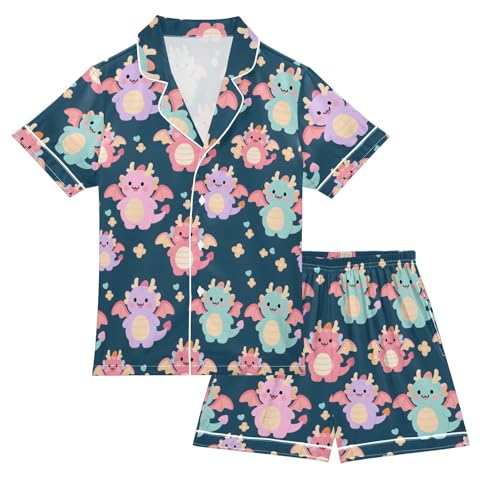 Cute Dinosaur Heart Flower Summer Pajamas Set Soft Satin Pjs Sets 2 Piece Short Sleeve Sleepwear Casual Clothes