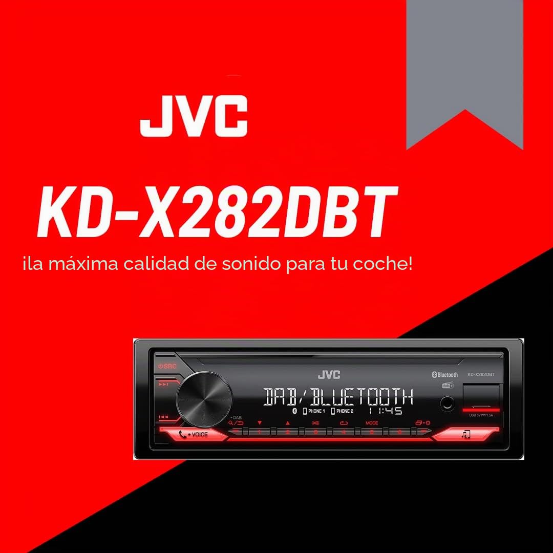 JVC KD-X282DBT - Radio de Coche USB con Dab+ y Bluetooth Manos Libres (USB, Entrada Auxiliar, 1 x pre-Salida de 2,5 V, procesador de Sonido, 4 x 50 W, luz de botón Rojo)