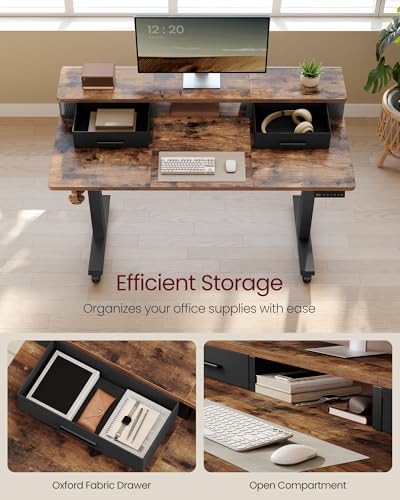 Image of VASAGLE Electric Standing Desk with Drawers, Sit Stand Desk with Built-in Power Strip, Adjustable Height, 47.2 x 23.6 Inches, 2 Hooks, Memory Function, for Home Office, Rustic Brown ULSD182KD01