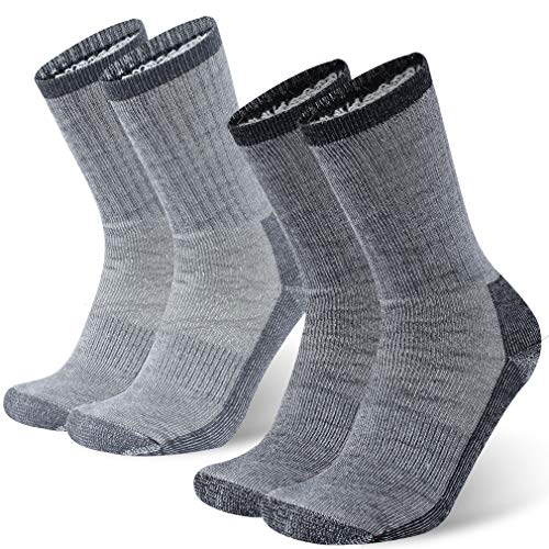 Merino Wool Hiking Crew Socks, RTZAT Mens Extreme Cold Weather Cycling Premium Merino Wool Warm Thermal Thick Wool Athletic Crew Hiking Trekking Camping Socks, Large, 2 Pairs, Black&Grey