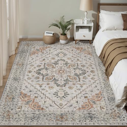 Image of Tangsoo 4x6 Washable Area Rug for Living Room, Vintage Non Slip Rug Taupe