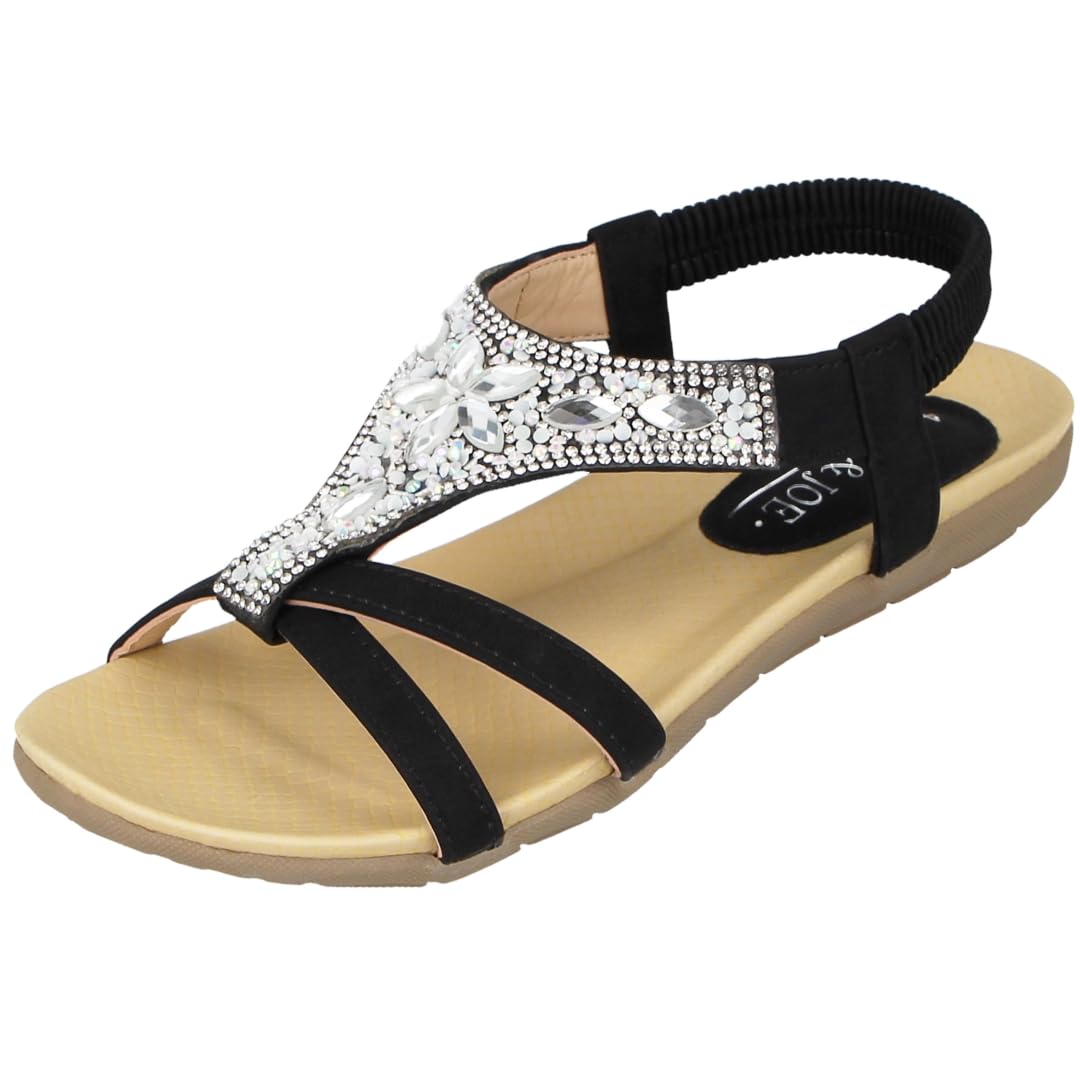 Ladies Faux Leather Open Toe Sling Back T-Bar Diamante Gem Stone Flat Gladiator Summer Sandals Size 3-8