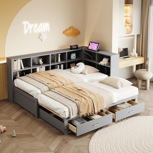 Idemon Sofá de madera maciza 90/180 x 190 cm, con cama extensible, con compartimento de almacenamiento, enchufe europeo multifuncional, cajones, somier, cama individual multifuncional, (gris)