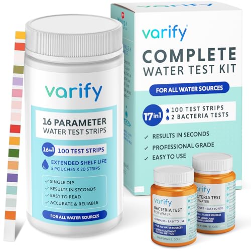 Varify 17in1 Complete Drinking Water Test Kit - 100 Strips + 2 Bacteria Tester Kits - Well, Tap, Home, City Water Testing Strip for Lead, Alkaline, Chlorine, Hardness, Iron, Fluoride, Copper & More