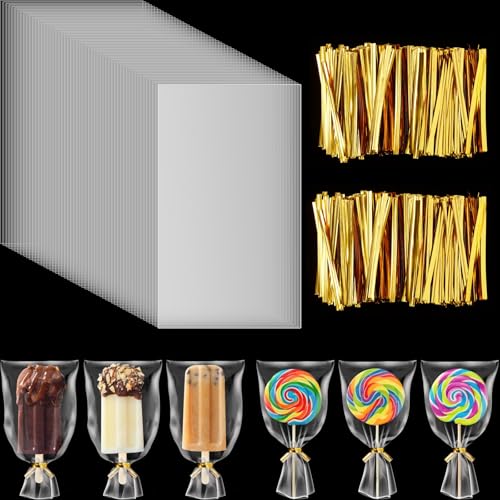 Shappy 200 Pieces Ice Lolly Bags Set 100 Pcs Clear Dessert Bags 4x6 Inch Cake Pop Plastic Bag with 100 Pcs Twist Ties for DIY Making Dessert Supplies Chocolate Cookie Wrapping Buffet