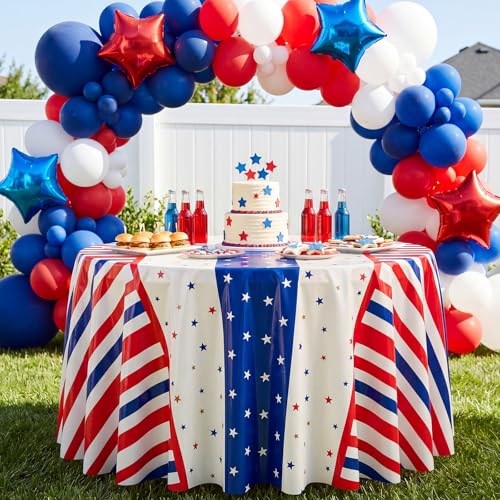 Image of Hahafelt 6 Pcs 4th of July Plastic Tablecloth 84 Inch Red White Blue Patriotic 250th Anniversary Round Disposable Table Cover American Flag Star Circular Tablecloth for Independence Day Decoration