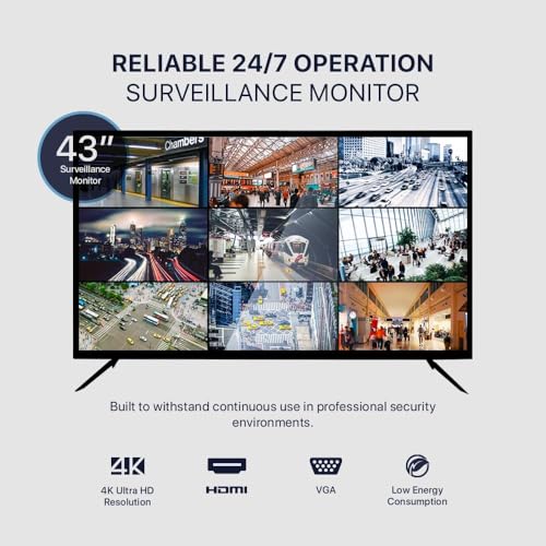 Image of 43 Inch Surveillance Grade Large Size 24 /7 4K Monitor Screen, 4K LCD Monitor, HDMI /VGA /DVI /BNC Inputs, 3840 x2160 HD, 16:9, 5ms Response, Designed for CCTV Security DVR /NVR Camera System