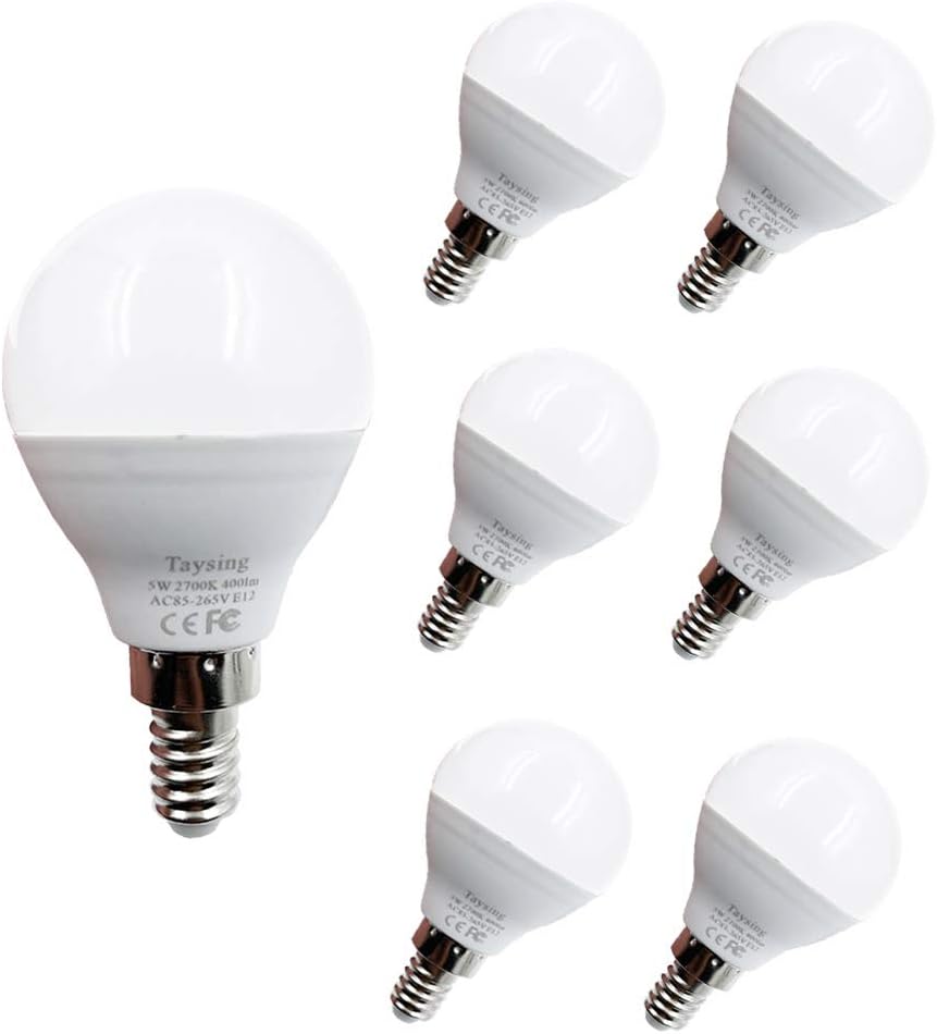 Taysing LED G14 Small Base Light Bulb E12 5W Soft White 2700K Not Dimmable LED Energy Saving Light Bulbs 40 Watt Equivalent Candelabra Bulb for Home Ceiling Fan 6 Pack(Soft White-3000K)