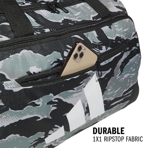 Image of adidas Defender 5 Duffel Bag for Sports, Gym and Travel, Essential Camo Silver Green-Black /Black, OSFA