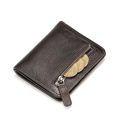 Mini Real Leather RFID Blocking Wallet for Men with Multiple Card Slots and Zipper Coin Pocket (Coffee)