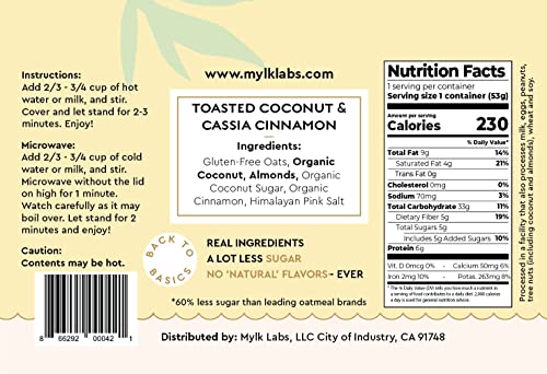 Mylk Labs - Cinnamon Coconut Instant Oatmeal Cups - Gluten Free, High Fiber, High Protein, Non Gmo, Low Sugar, Quick Breakfast Oats - 6 Pack #TOP3