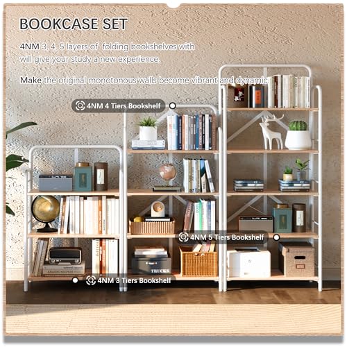 Image of 4NM No Assembly Folding Bookshelf, 5 Tiers Collapsible Book Shelves Open Industrial Foldable Storage Bookcase Shelf for Bedroom, Living Room, Home Office - Natural and White