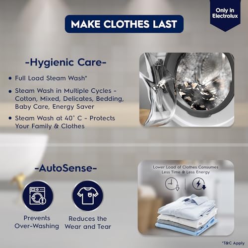 Image of Electrolux 9kg 5 Star Front Load Washing Machine, AutoSense Technology, Full Load Vapour Wash, Hygienic Care, EcoInverter Motor, UltimateCare 300, EWF9024D3WB, White