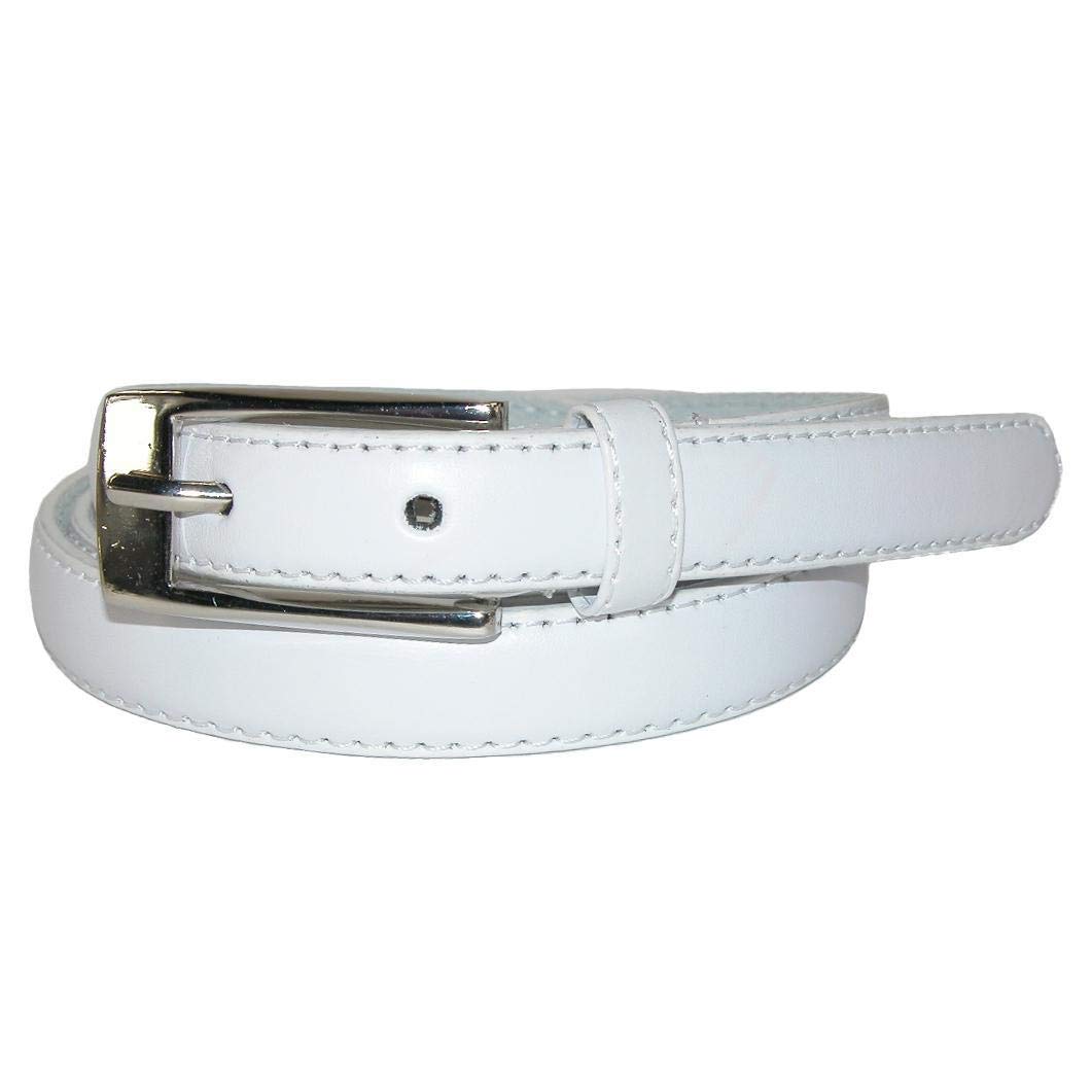 CTM Women's 19 mm Skinny Leather Dress Belt Silver Buckle, Small, White