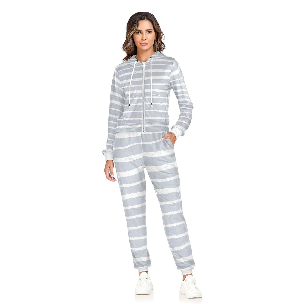 Conjunto deportivo de 2 piezas para mujer, a rayas, color gris, manga larga, conjunto deportivo a rayas