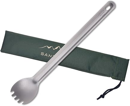 SANTTA Long Handle Titanium Spork, 8 1/2 Inch Lightweight Spoon & Fork Combo Utensil with Bag for Backpacking Fishing Hiking Bushcrafting Camping Traveling