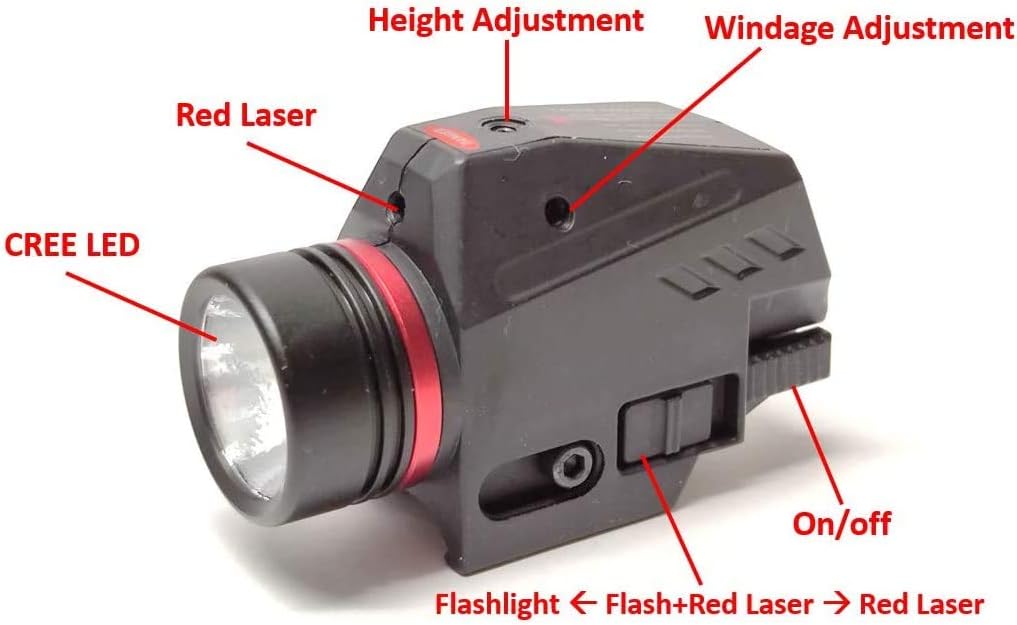 Premium Quality, Tactical 200 Lumens CREE LED Flashlight and Red Laser Sight Combo for 20mm Rail Mini Glock Pistol Gun with Battery (Latest Version)