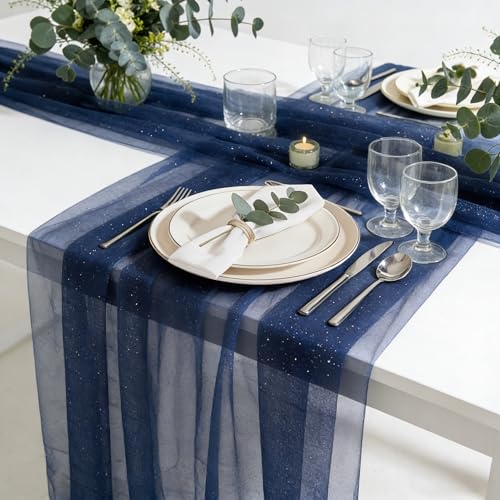 MANGATA CASA Glitter Tulle Table Runner 10FT Rustic Gauze Cheesecloth Fabric for Wedding Bridal Baby Shower Decoration(Navy-27"x120"-2pcs)