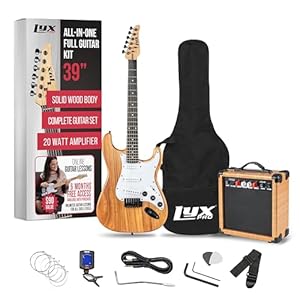 LyxPro Electric Guitar 39″ inch Full Beginner Starter kit Full Size with 20w Amp, Package Includes All Accessories, Digital Tuner, Strings, Picks, Tremolo Bar, Shoulder Strap, and Case Bag – Natural