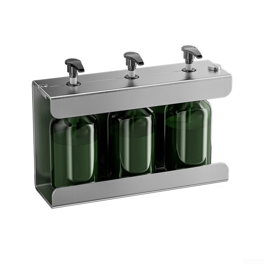 Dispensador de jabón montado en la pared, soporte de acero inoxidable para baño, estante de almacenamiento para ducha, gel, champú, jabón líquido, acabado plateado, diseño de ahorro de
