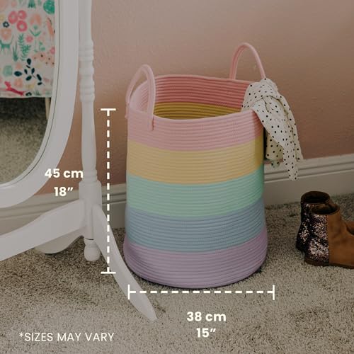 Image of OrganiHaus Rainbow Laundry Basket & Hamper, Nursery Playroom 52L | Rainbow Pastel - Rainbow Cotton Rope Hamper, Nursery 52L