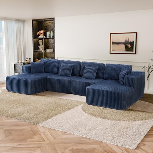 Image of 132 inch U Shaped Couch, Modular Sectional Sofa with Chaise, Corduroy U Shaped Boneless Couch with Deep Seat, Upholstered Modular Cloud Sofa for Living Room, No Assembly Required, Blue