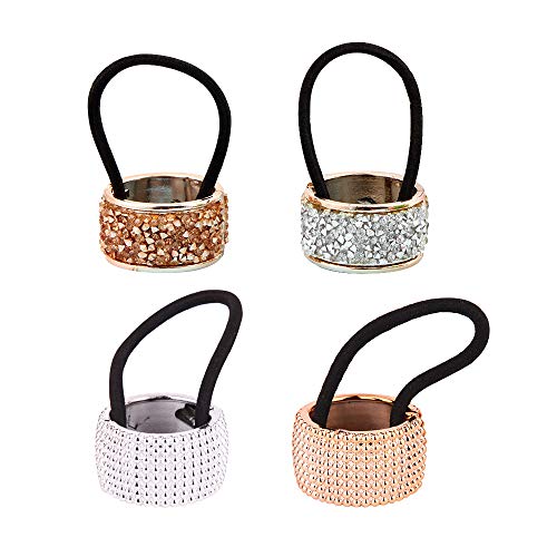 Rhinestone Ponytail Holder for Women's Hair Cuffs Punk Gothic Elastic Hair Tie Band Accessory for Girls Set 4 Pack Glitter Plastic Metal Look Gold and Silver Rhinestone Ponytail Holder for Women's Hair Cuffs Punk Gothic Elastic Hair Tie Band Accessory for Girls Set 4 Pack Glitter Plastic Metal Look Gold and Silver
