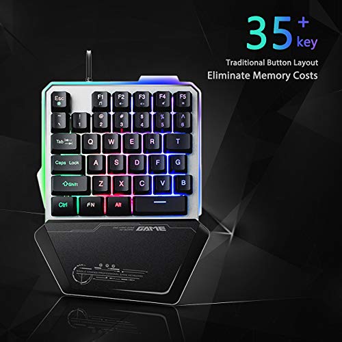 UrChoiceLtd Tastiera da gioco USB a una mano G40, 35 tasti cablati con retroilluminazione a LED arcobaleno, mini tastiera da gioco portatile a una mano, design ergonomico con poggiapolsi (nero)
