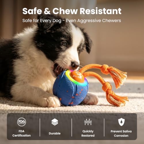 Ollapet Smart Interactive Dog Toys, 3 Modes Automatic Rolling Ball, Chase Pet Toy with Rope & Barking Sound, Chew Resistant E-TPU, IPX7 Waterproof Rechargeable Ball for Medium Large Dogs, Blue - 2