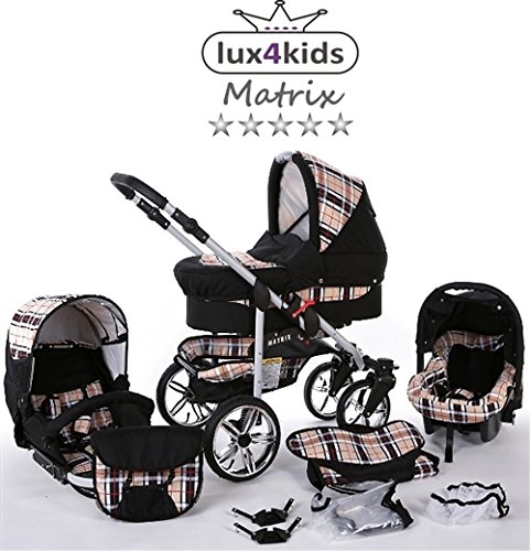 Chilly Kids Matrix II Kinderwagen Komplettset (Autositz & Adapter, Regenschutz, Moskitonetz, Schwenkräder) 47 Schwarz & Karo