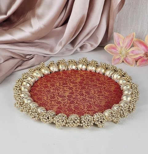 Image of SATYAM KRAFT 6 Pc Handmade Jhumki Platter (10 Inch) with Gota Patti & Golden Moti | Ganpati Decoration Setup For Home, Festive Home Decor, Pooja Setup, Table Centerpiece & Gifting Item