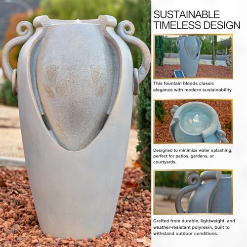 Image of XBrand 34 inch Solar Pot Fountain, Amphora-Inspired Design, Outdoor Water Fountain, Polyresin, Gray