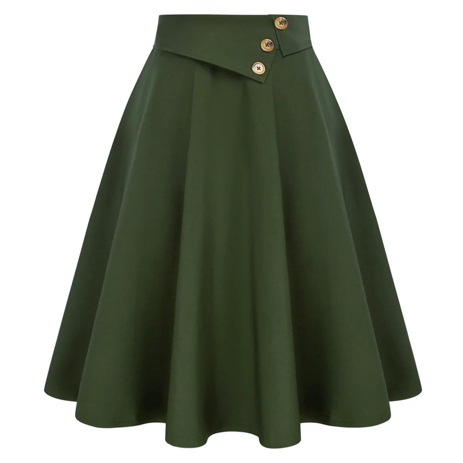 Generic Falda con Vuelo para Mujer, Cintura elástica, decoración de Botones, Falda Acampanada, Falda Sencilla hasta la Rodilla, Verde Militar, M
