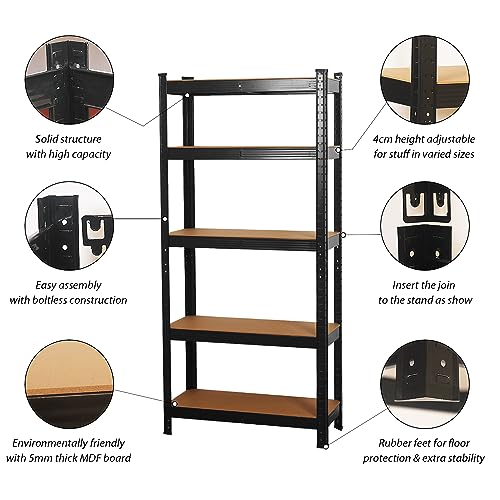 Garage Shelving Units 5 Tier Heavy Duty Shed Storage Racking Shelf Metal Boltless 875kg Capacity 175kg Per Shelf for Warehouse Workshop Office (Black, 90x40x180cm) - Image 6