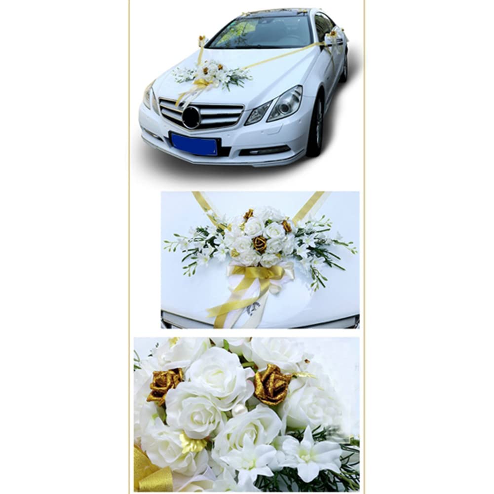 Hochzeitsauto Blumenschmuck, Asudarro Autoschmuck Hochzeit Schleife Künstliche Rose Verziertes Hochzeitsauto Dekorationsset DIY Hochzeitsauto Blumenplatte Bandschleifen Set,Gold