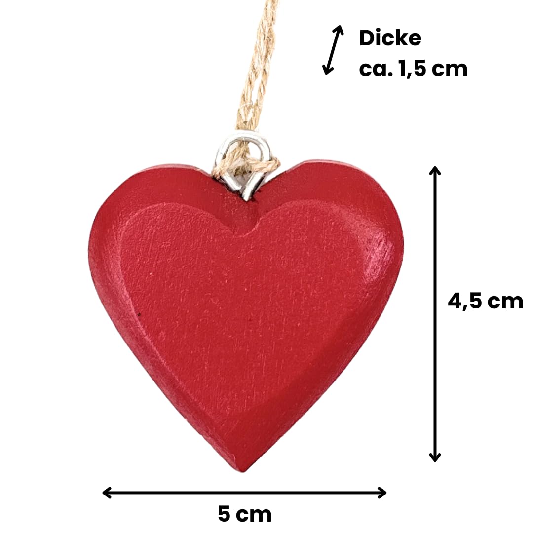 Gelakt houten hart hanger met juteband ongeveer 4,5 x 5 cm, massief houten harten rood en wit (set van 3 rood