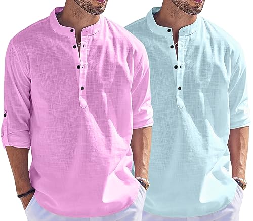 Image of Bellstone Men's Cotton Blend Straight Kurta Shirt Combo with Mandarin Collar - Slim Fit Casual Short Kurti Set Featuring Textured Slub Fabric and Roll-Up Full Sleeves