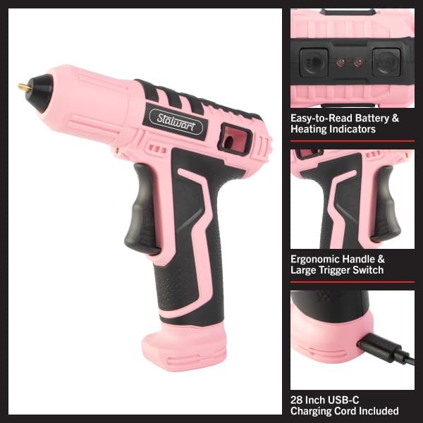 4V Cordless Hot Glue Gun - Wireless Glue Gun Kit with 15 Second Warm-Up Time and 20 Sticks - Crafting and Classroom Essentials by Stalwart (Pink)