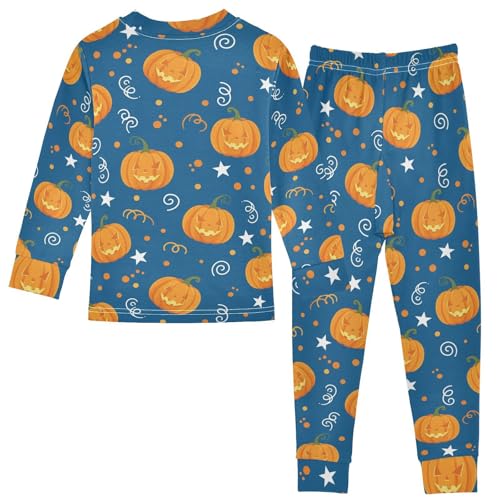 Pajama Sets Long Sleeve Pumpkin Stars Swirls Blue Background Soft Comfy Sleepwear 2 Piece PJS 3-8T3