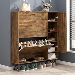 Shoe Storage Cabinets 16 Pairs Free Standing Shoe Organizer with 2 Flip Drawers for Entryway Narrow 3 Tier Entryway Hidden Shoe Rack with Doors Upgraded Rustic