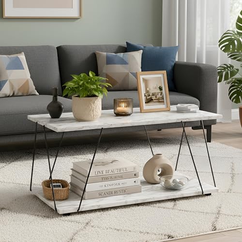 Image of JD FRESH Wooden Shelf Rack with Elegant Wooden Top /Shelving Unit & Organizer /Modern Centre Table with Sturdy Support & Spacious Storage Shelf for Living Room, Drawing Room & Balcony (White, Marble)