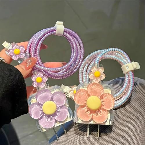 Image of Protective Charger Case for iPhone 18W 20W iPhone 17 16 15 14 13 12 11 Pro Max Charging Cable Charger Protective Cover Data Cable Protective Sleeve-Purple ND Yellow Flower