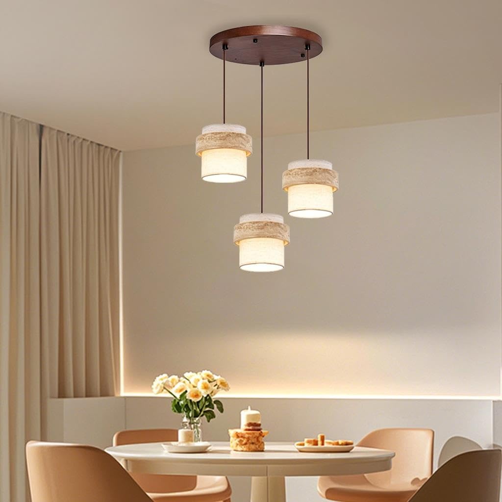 Lampada a Sospensione Base E27 Stile Wabi Sabi Travertino Giallo Lampadario Tessuto Intrecciato and Legno Regolabile Altezza Plafoniera for Sala Cucina Soggiorno Caffè Hall illuminazion(B 3heads)